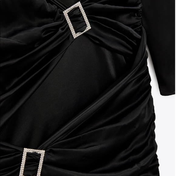 Zara Jewel Trim Satin Effect Dress Black Draped - Picture 6 of 14